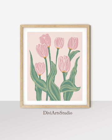 Mid Century Floral, Modern Flower Art Print, Tulips Wall Art, Large modern floral art, Tulip Illustration
